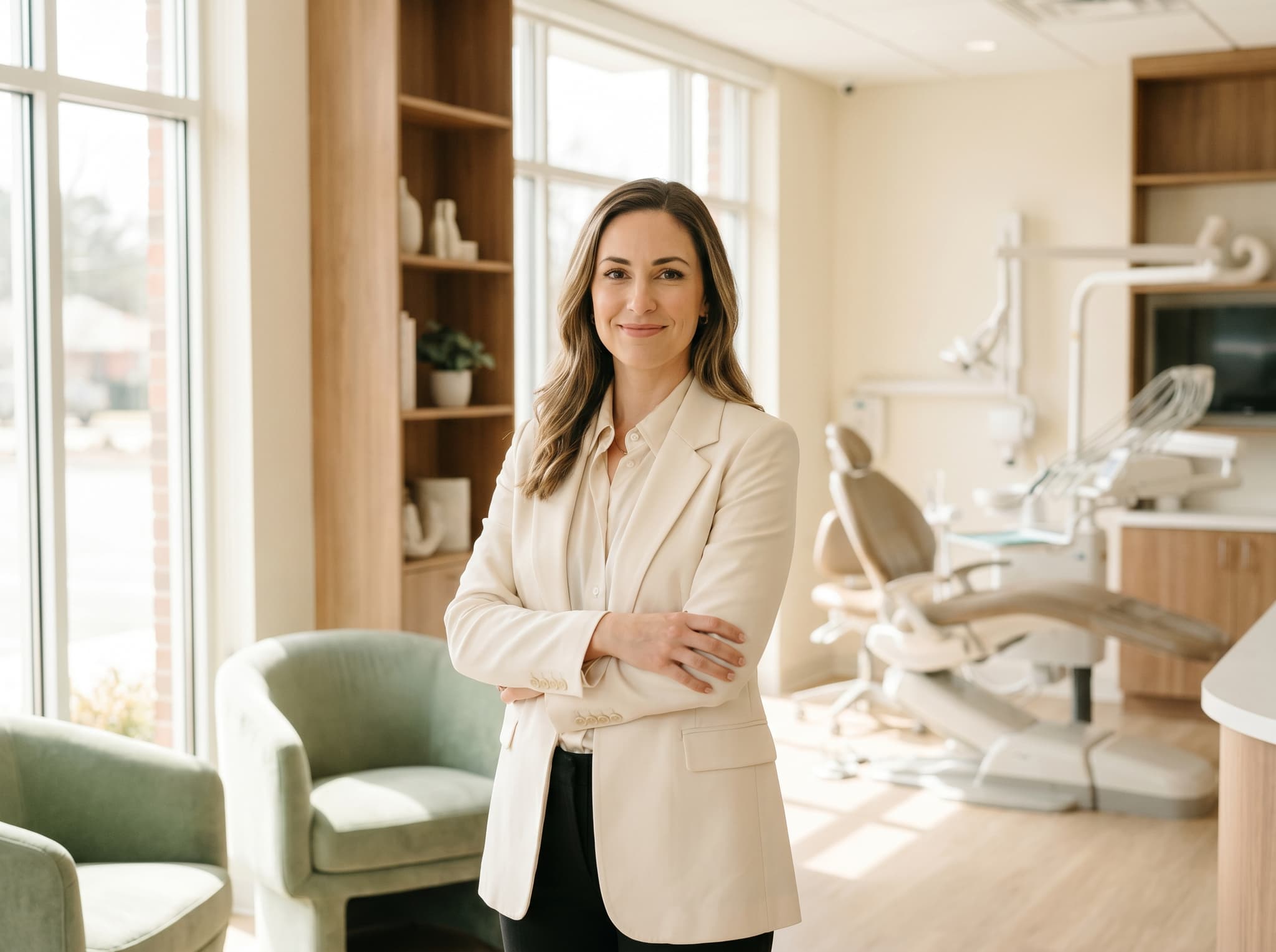 Diretora de clínica dentária tranquila, com a receção a trabalhar em segundo plano